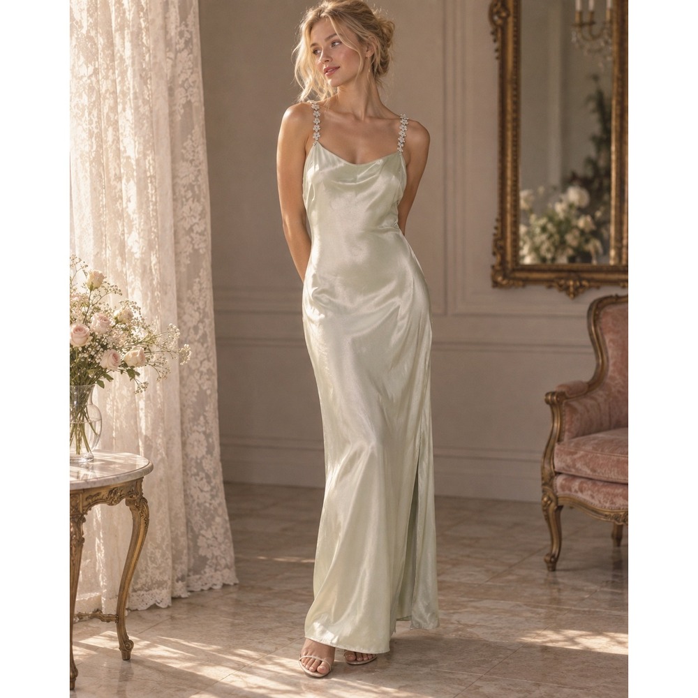 Jessica McClintock Gunne Sax VTG Slip Dress Satin Maxi Rhinestone Strap Silver